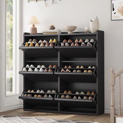 Black Wooden Shoe Cabinet with 6 Flip Drawers, Adjustable Shelf, Waterproof Wall-Mounted Furniture Storage Rack, Decor for Entryway, Hallway