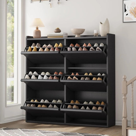 Black Wooden Shoe Cabinet with 6 Flip Drawers, Adjustable Shelf, Waterproof Wall-Mounted Furniture Storage Rack, Decor for Entryway, Hallway