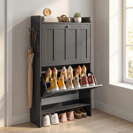Gizoon Floor-Standing Shoe Rack Organizer - 2 Flip-Drawer Narrow Compartment Floor Cabinet, Dual-Compartment Shoe Storage for Entryway, Home Supplies Storage Holders & Racks,dorm essentials,home decor,dorm room inspo,college dorm essentials,dorm haul