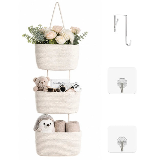 3-Tier Cotton Rope Over-the-Door Hanging Wall Basket with Hooks, No-Drill Adjustable Height Boho Home Organizer for Nursery, Bathroom, Small Apartment