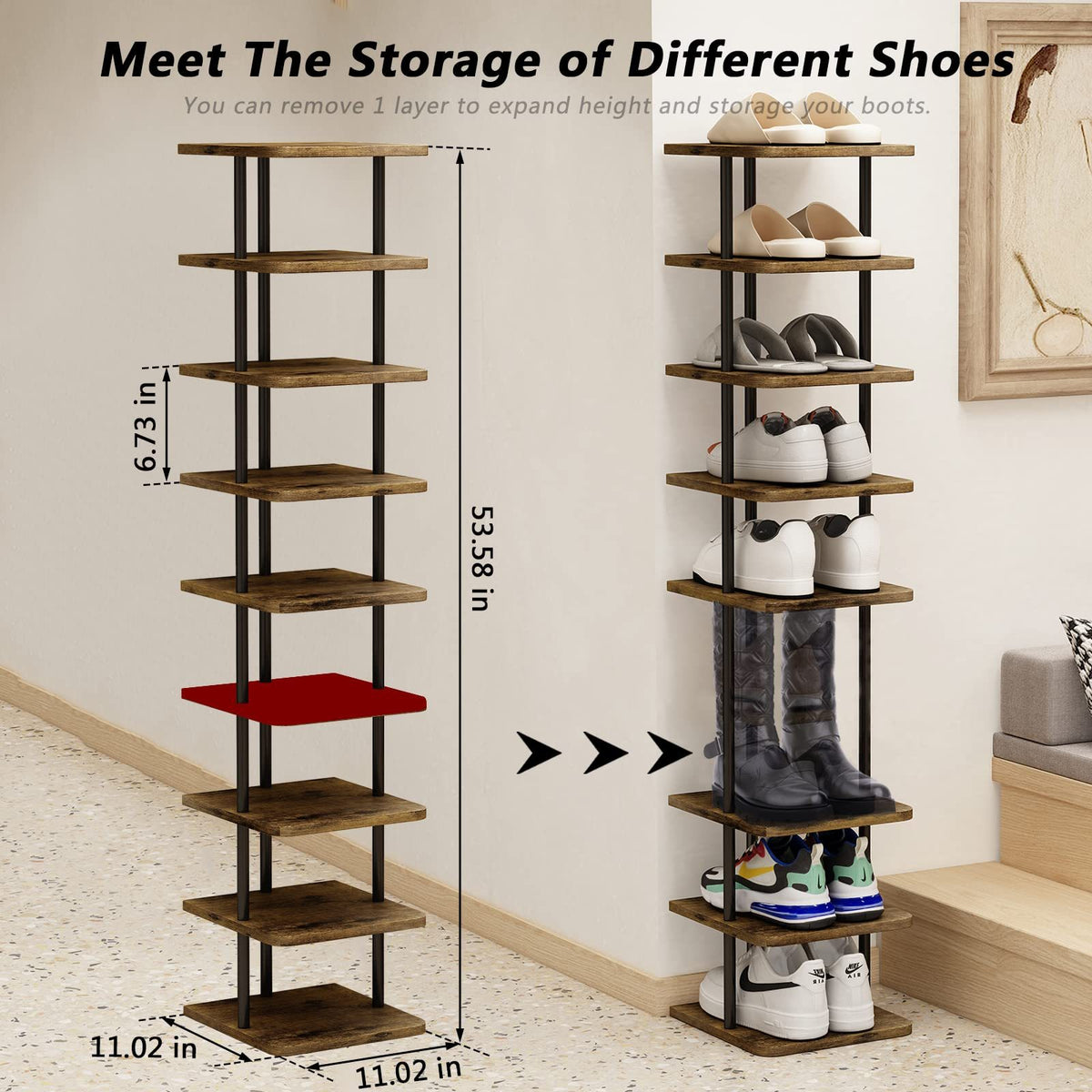 Shoe Rack 9 Tier Vertical Storage Organizer Narrow Metal Slim Shelf Modern Free Standing Shoe Tower Saving Space for Closet Entryway Bedroom