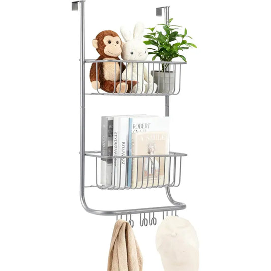 Gaomon Hangable Steel Over The Door Organizer, 2-Tier Hanging Storage Caddy with 6 Hooks, Heavy-Duty No-Drilling Rack for Bathroom, Bedroom, Space-Saving Solution, 11.8"x5.1"x24.2"