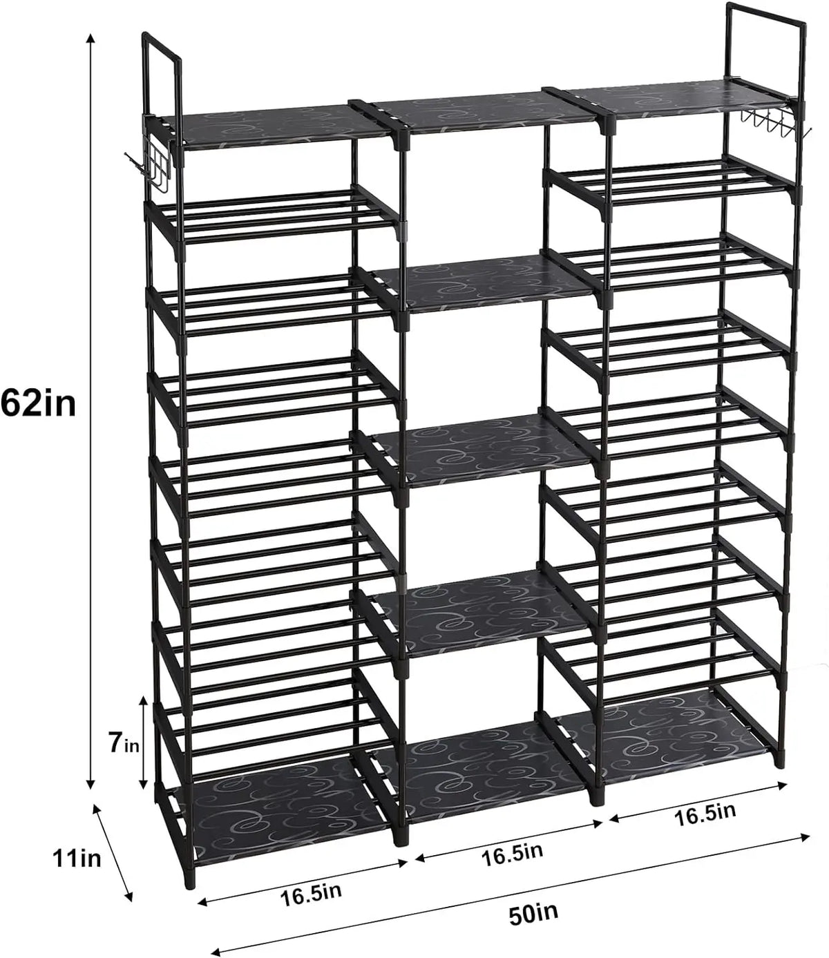 MOMOK 9 Tiers Shoe Rack Organizer,  Max Holds 55 Pairs, Metal Shoe Storage, Shelf with Hooks for Entryway, Garage, Black Footwear Organization Closet Shoe Rack
