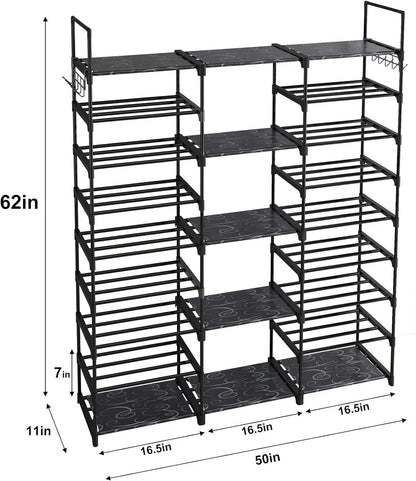 MOMOK 9 Tiers Shoe Rack Organizer,  Max Holds 55 Pairs, Metal Shoe Storage, Shelf with Hooks for Entryway, Garage, Black Footwear Organization Closet Shoe Rack