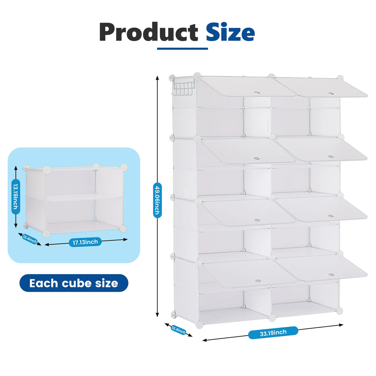 6/8-tier shoe cabinet, 24/32-tier capacity, with side hooks, sturdy metal frame, and black and white plastic panel shelves. Suitable for entryways, living rooms, and walk-in closets
