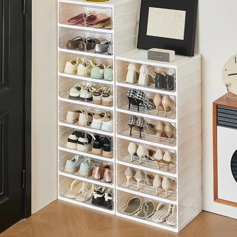MiAoLi 10-Layer Folding Shoe Rack Organizer, Magnetic Transparent Door Plastic Shoe Cabinet with Quick Magnetic Close & Door Snap, Stackable, 20-Pair Capacity, Sturdy, No-Installation, Simple Design, Space-Saving, Indoor Furniture (TikTok Shop)