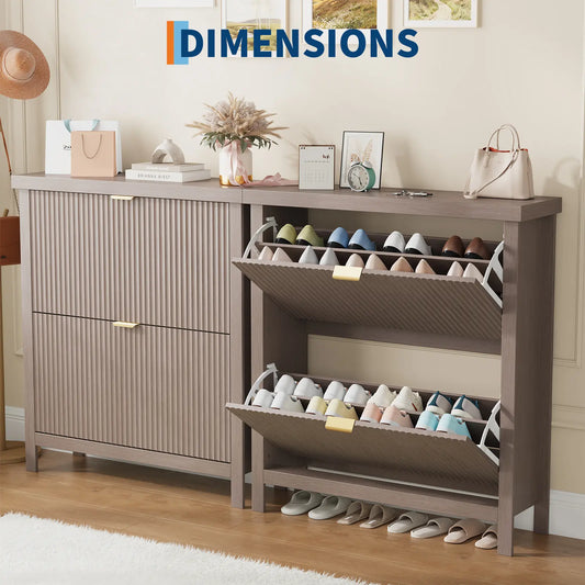 GARVEE 32.3" Narrow Wooden Shoe Storage Cabinet with 2 Flip Drawers - Slim Hidden Shoe Rack Organizer, Wall-Mount Option, Sturdy Base, Tilt-Out Design for Entryway, Small Spaces, Metal