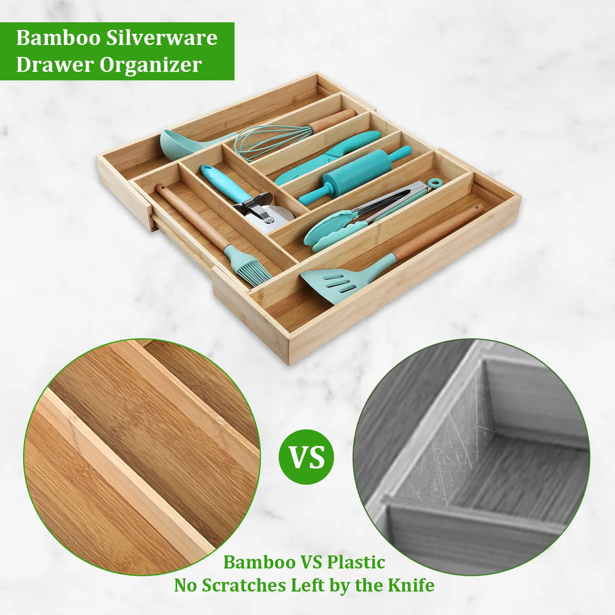 Bamboo Expandable Drawer Organizer with Dividers - Natural Finish Cutlery Tray, Space-Saving Adjustable Home Organizer for Silverware Storage, Elegant Warm Bamboo Kitchen Accessory