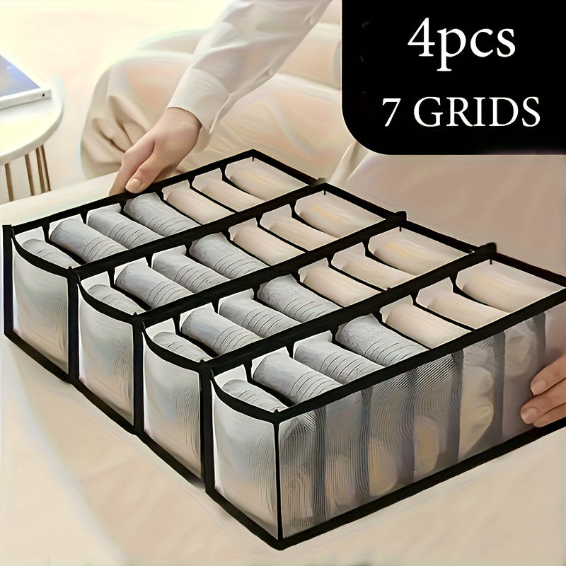 [Folding Storage Boxes] 4pcs Set of 7-Compartment Folding Storage Boxes - Non-Woven Fabric Drawer Organizer With Mesh Panel, Suitable for Pants, Underwear, Trousers, and Travel Accessories, Space-Saving Wardrobe Storage Box