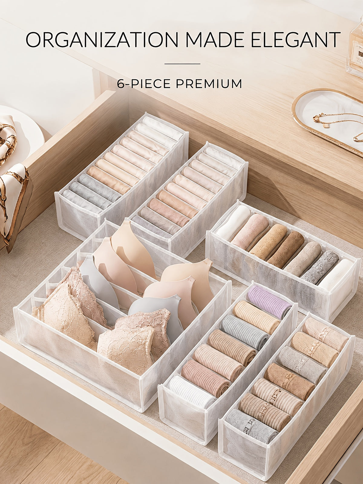 [Underwear Organizer Set] 6pcs Multi-Grid Underwear Organizer Set, Mesh Drawer Dividers for Bras, Panties & Socks, Foldable Visible Storage Boxes, Closet Organizers for Neat Bedroom
