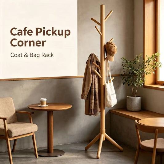 Solid Wood Tree-Shaped Freestanding Coat Rack, 8 Multi-Hooks, Sturdy Tripod Base, Easy Assembly, Space-Saving Coat Storage Floor Organizer for Hats, Scarves, 3 Color Options