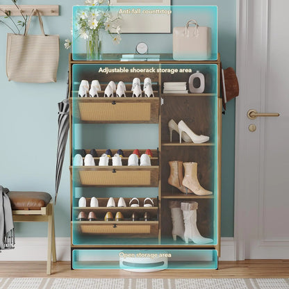 GARVEERattan Shoe Cabinet with 3 Flip-Up Doors and 4 Open Shelves, Natural Woven Storage Organizer for Entryway, Hallway, or Living Room, Holds 18-24 Pairs of Shoes