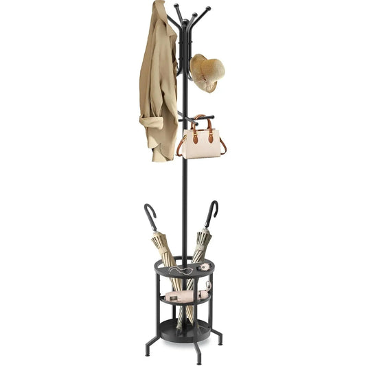 Freestanding Metal Coat Rack with 12 Hooks & Umbrella Holder - Home Organizer Garment Rack for Entryway, Bedroom Storage