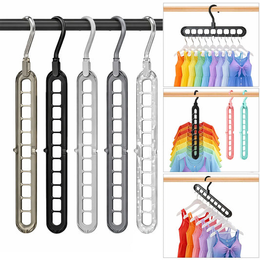 5-Pack Foldable High-Tenacity Durable Plastic Multifunctional Hangers - Home Organizers with 360-Degree Rotatable Hooks, 9 Anti-Slip Holes, Space-Saving for Dresses, Jackets, Jumpers, Dorm Room Closet Organization