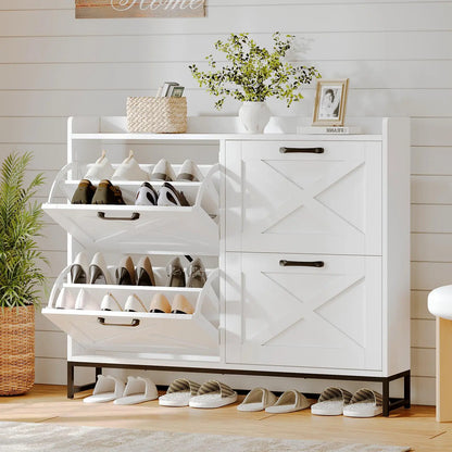 VOWNER 47.2" Farmhouse Shoe Storage Cabinet, 4 Flip Drawers for 24-32 Pairs, Narrow Hidden Shoe Rack With Metal Legs, Freestanding Wooden Shoe Organizer, For Entryway, Hallway or Living room
