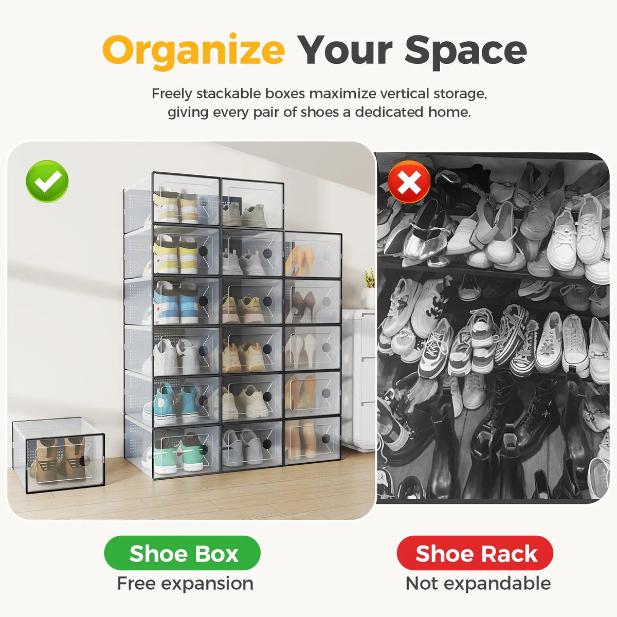 Clear Shoe Storage Boxes, Plastic Stackable Shoe Containers with Lids, Display Sneaker Case Organizer for Closet, Under Bed, Entryway, Space Saving Storage, Storage Organization