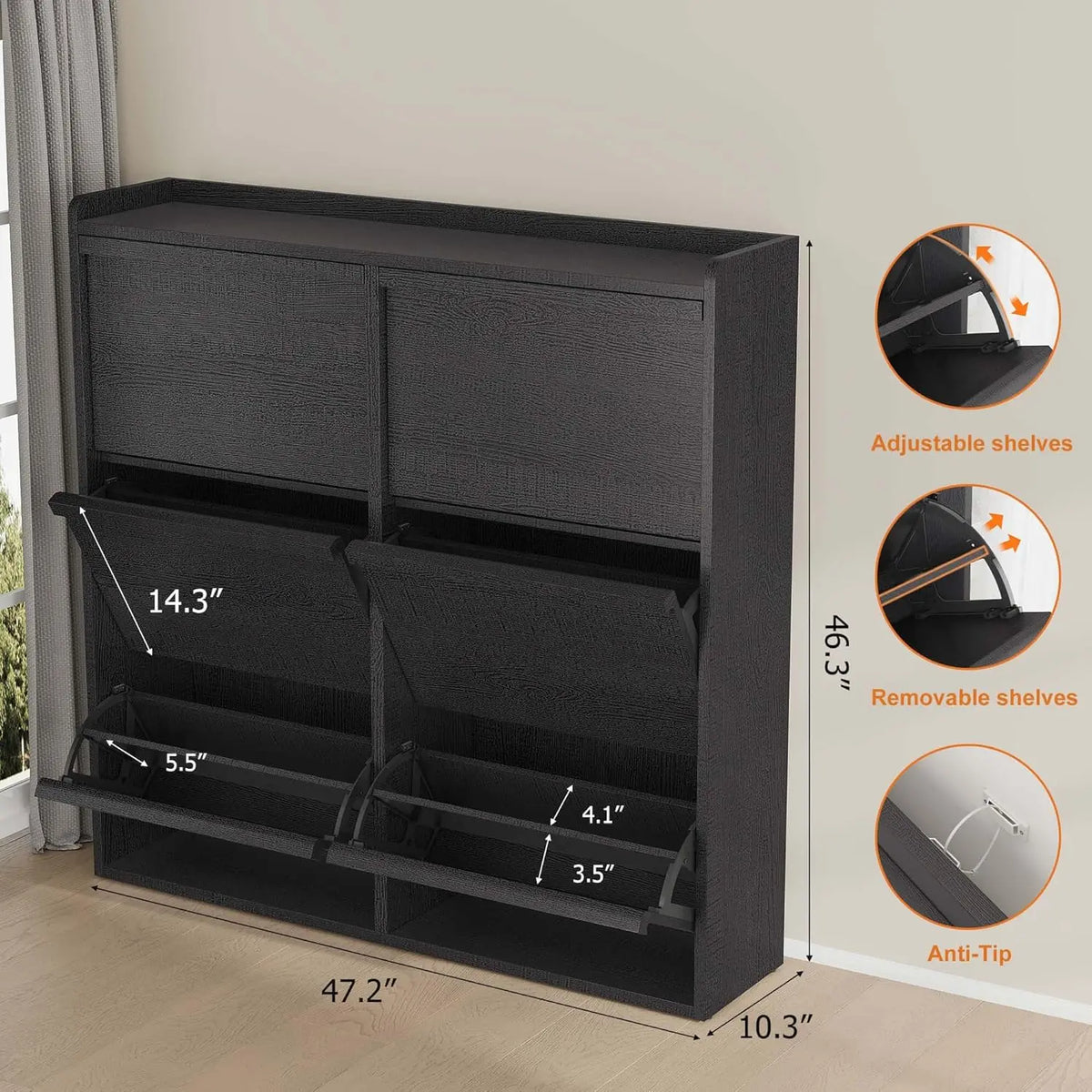 Black Wooden Shoe Cabinet with 6 Flip Drawers, Adjustable Shelf, Waterproof Wall-Mounted Furniture Storage Rack, Decor for Entryway, Hallway