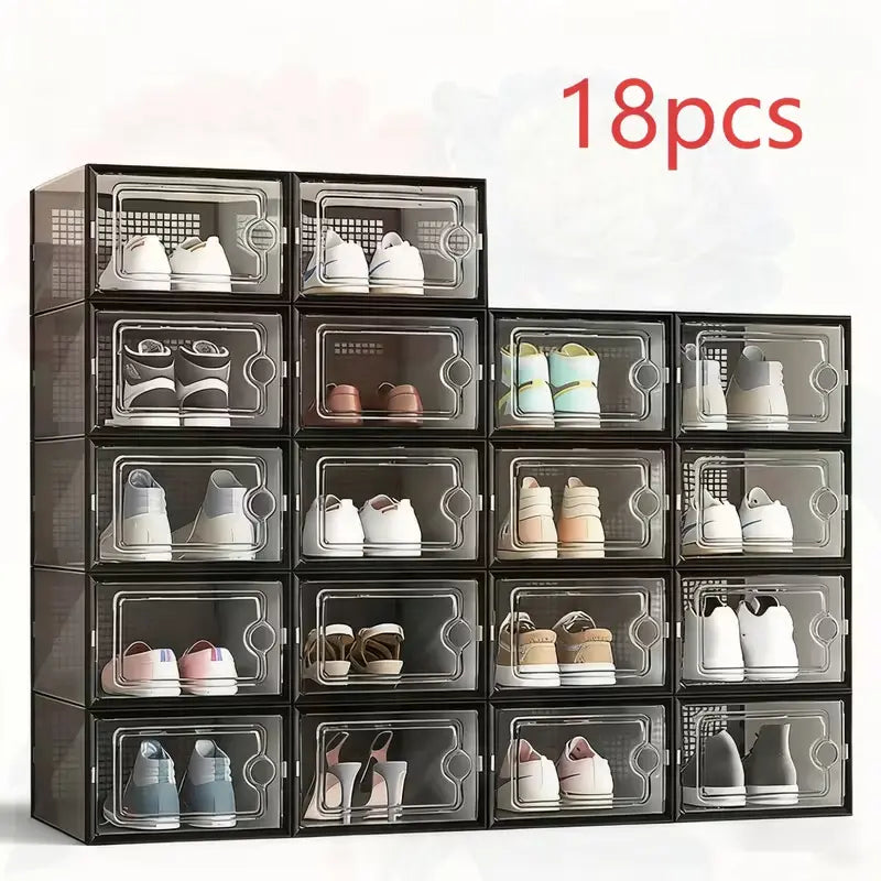 Stackable Shoe Storage Container, Transparent Hard Plastic Box, DIY Easy Assembly, Door Frame, Space Saving, Foldable Multi-Functional, Clear Shoe Boxes, Shoes Storage