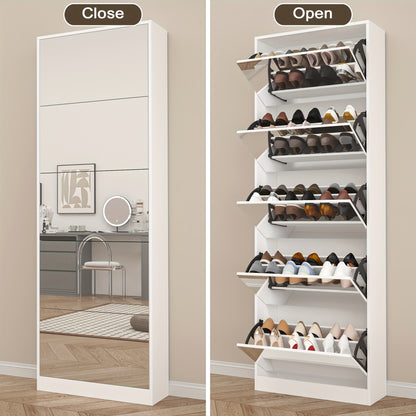 Organizedlife Large Capacity Shoe Cabinet with Full Length Mirror, 5 Flip Drawer Shoe Storage Cabinet, Wooden 2-Tier Shoe Rack Organizer Holds 13-30 Pairs, Slim Tipping Bucket Shoe Cabinet for Entryway, Hallway, Foyer