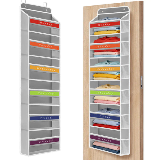 Fabric Over The Door Hangable Home Organizer - 6 Side Compartments, Anti-Tilt Design, 44 lb Capacity, Weekly Clothing Holder, Bathroom Organizer, Bedroom Storage, Closet Shelves Storage Solution, Classic