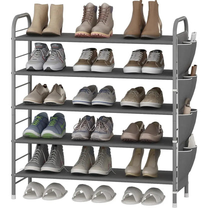 SUOERNUO Stable 4-Tier Vertical Shoe Rack Organizer - Free-Standing Iron + Fabric Shelf with Side Bag, Holds 9-12 Pairs, 10-15 kg Capacity, Bronze Organizer Storage for Entryway Bedroom, Small Room Organization