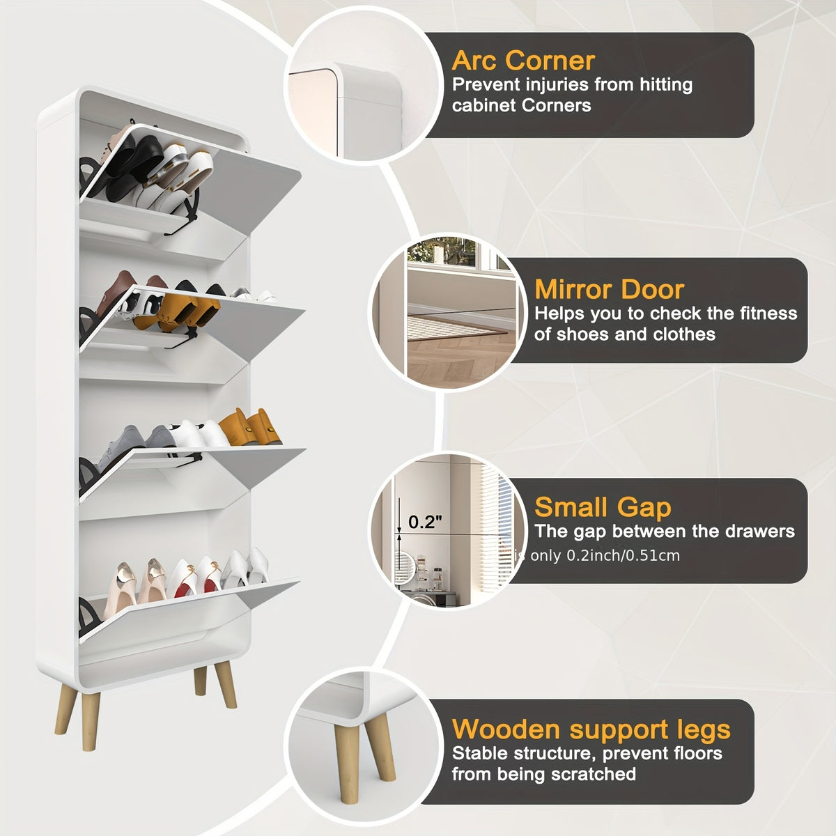 Organizedlife Declutter Your Entryway! 4-Drawer Mirrored Shoe Cabinet, Space-Saving Narrow Organizer with Flip Lids & Wood Legs, Hidden Storage for Up to 16 Pairs Of Shoes, Modern White Finish