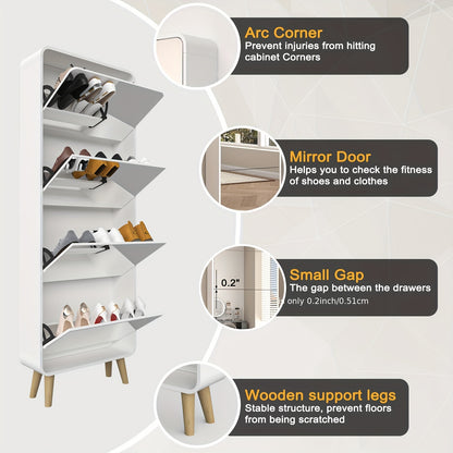 Organizedlife Declutter Your Entryway! 4-Drawer Mirrored Shoe Cabinet, Space-Saving Narrow Organizer with Flip Lids & Wood Legs, Hidden Storage for Up to 16 Pairs Of Shoes, Modern White Finish