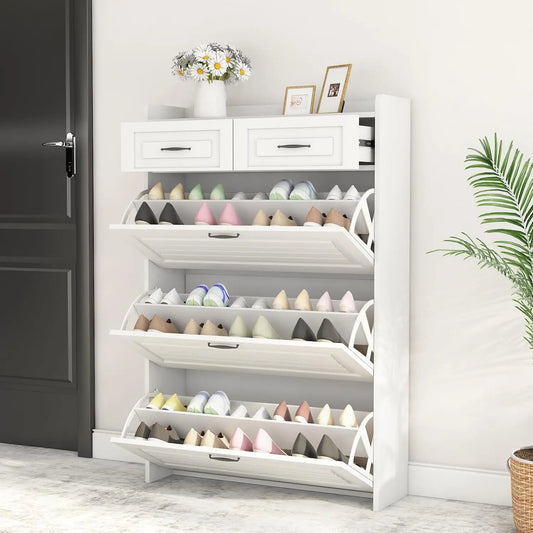 White Shoe Cabinet for Entryway, Freestanding Shoe Storage Cabinet,Wood Slim Hidden Shoe Rack Cabinet, Shoe Organizer Cabinet with 3 Flip Drawers & 2 Sliding Drawers for Closet, Hallway,dorm essentials,home decor,organization,space-saving,bath,ret,kitchen