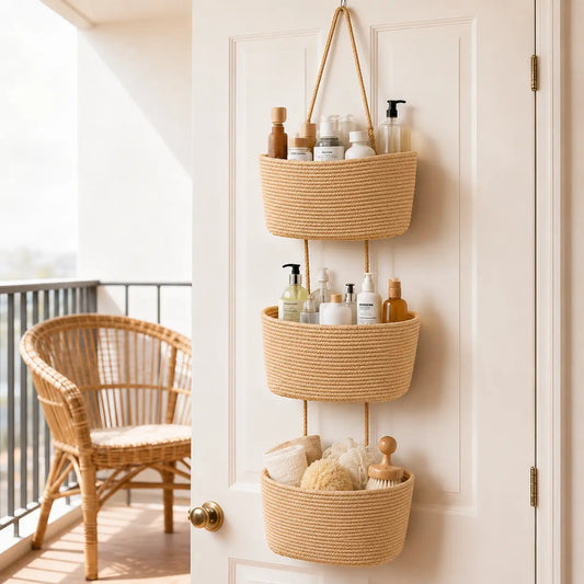 3-Tier Woven Cotton Over-the-Door Basket with Gift Hook - Wall-Mounted Jute Storage Organizer for Storage Organization, Decorative Nursery Solution for Busy Parents to Store Diapers, Toys, Laundry