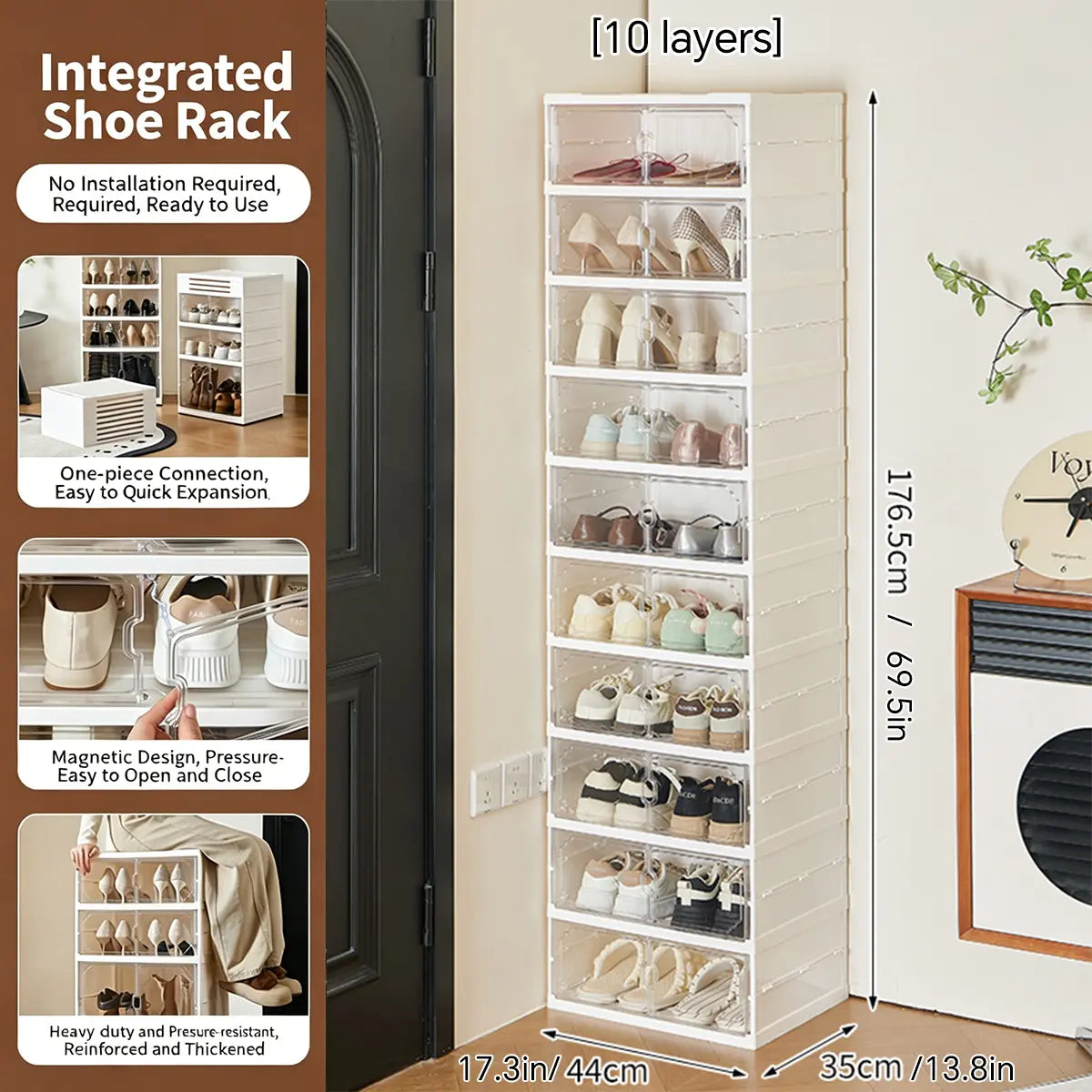 MiAoLi 10-Layer Folding Shoe Rack Organizer, Magnetic Transparent Door Plastic Shoe Cabinet with Quick Magnetic Close & Door Snap, Stackable, 20-Pair Capacity, Sturdy, No-Installation, Simple Design, Space-Saving, Indoor Furniture (TikTok Shop)