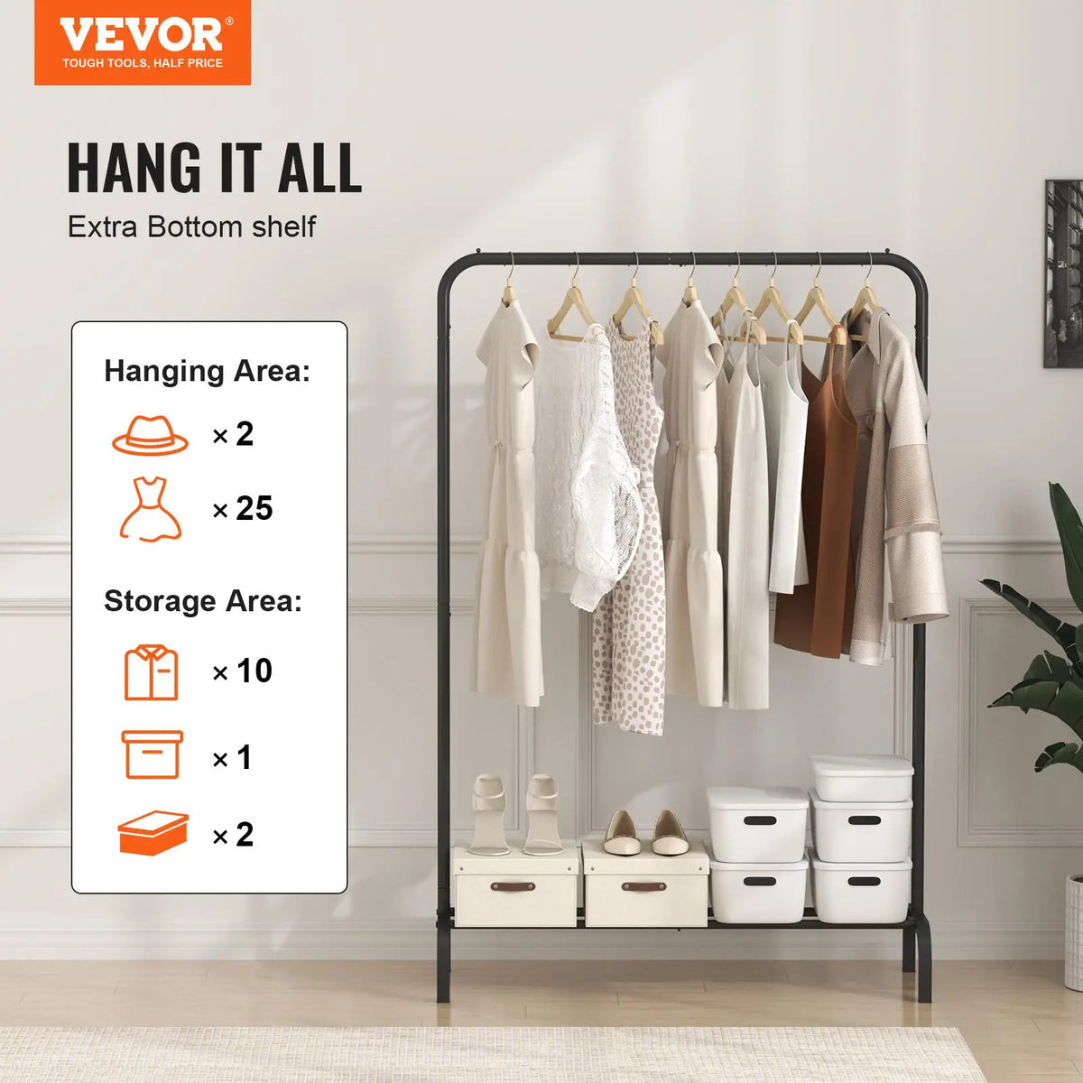 VEVOR Heavy Duty Carbon Steel Clothes Rack, Wardrobe Organizer with Hanging Rod & Bottom Storage Shelf, Stable U-Base Resists Wobbling Wobble-Free Garment Rack for Bedroom Laundry Room