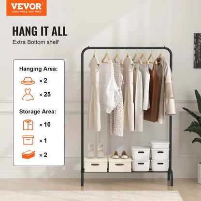 VEVOR Heavy Duty Carbon Steel Clothes Rack, Wardrobe Organizer with Hanging Rod & Bottom Storage Shelf, Stable U-Base Resists Wobbling Wobble-Free Garment Rack for Bedroom Laundry Room