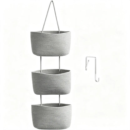 Woven Cotton 3-Tier Over-The-Door Wall-Mountable Storage Basket with Handles - 11in Home Accessory for Beauty & Daily Necessities Room Storage, French Country Organizer