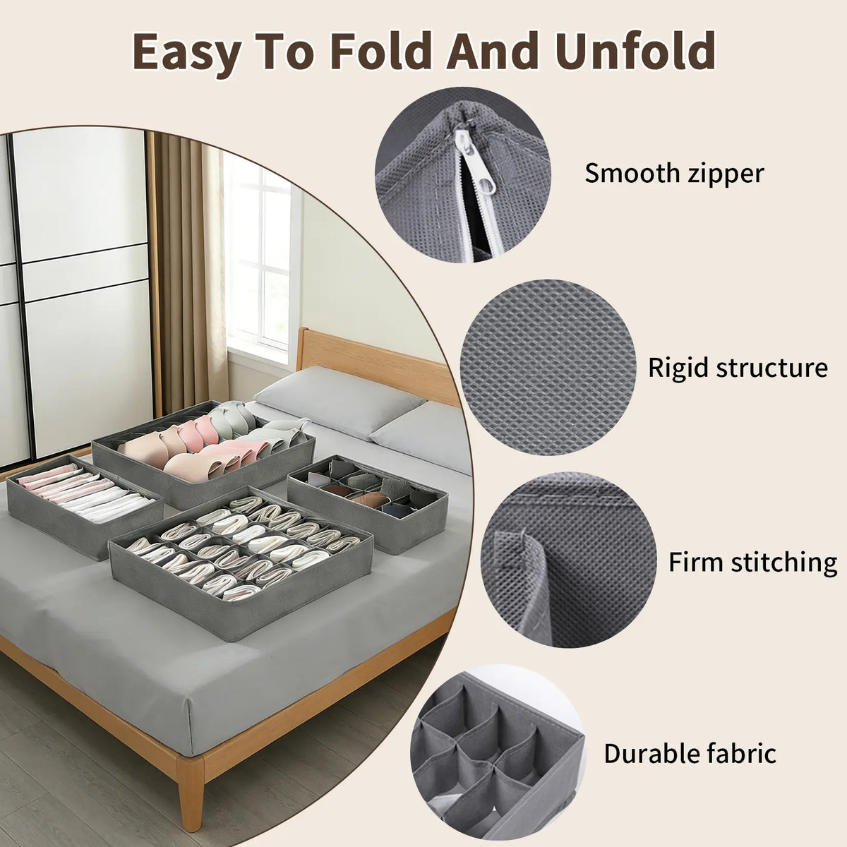 12-Pack Underwear Drawer Organizers, 116-Cell Dresser Drawer Divider Bins for Baby Clothes, Underwear, Bra & Sock, Foldable Fabric Closet Organizer for Bedroom, Nursery, Grey