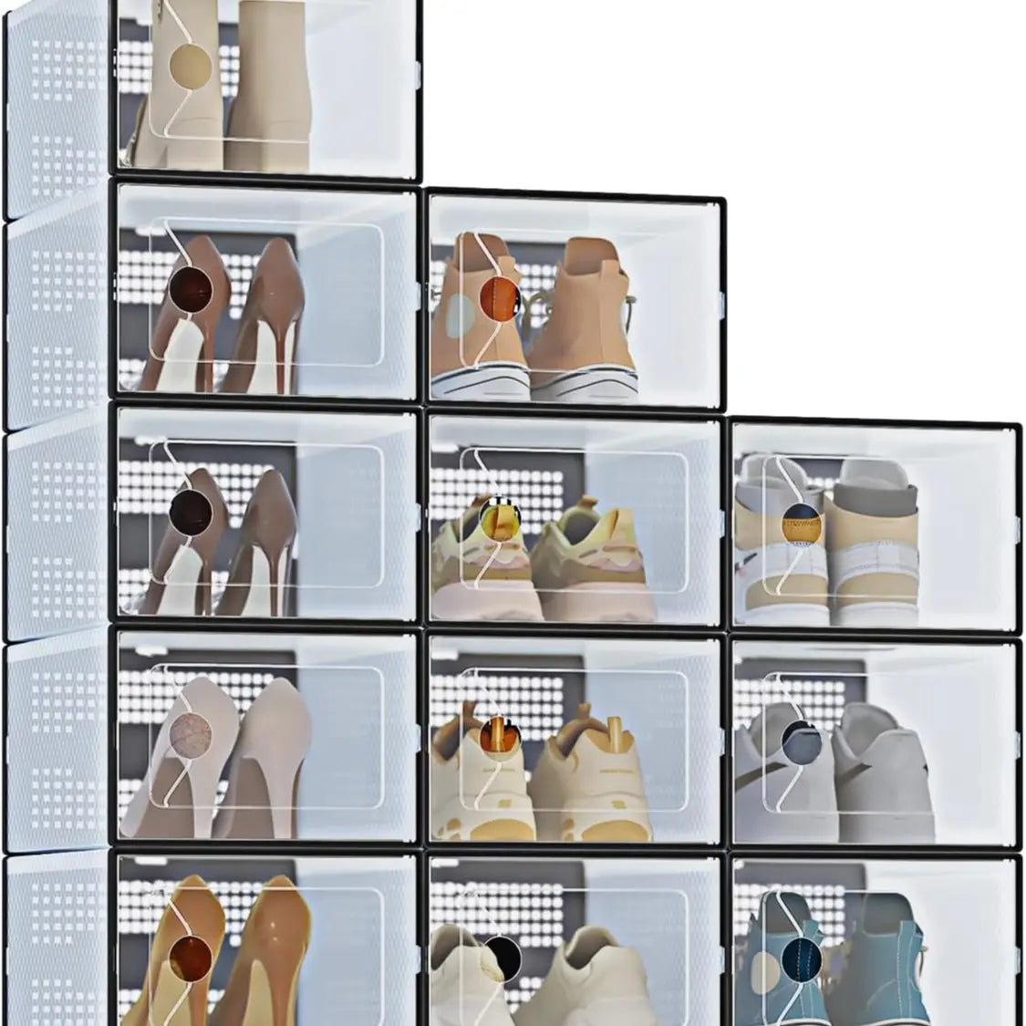 Sweetcrispy 12-Pack High-Grade PE Plastic Configurable Shoe Storage Boxes - Stackable, High-Capacity Closet Organizers with Lids, Easy-Clean Plastic Surface, Breathable Airflow Keeps Fresh, Great for Entryway Shoe Sorting, Wedges, Flip-Flops