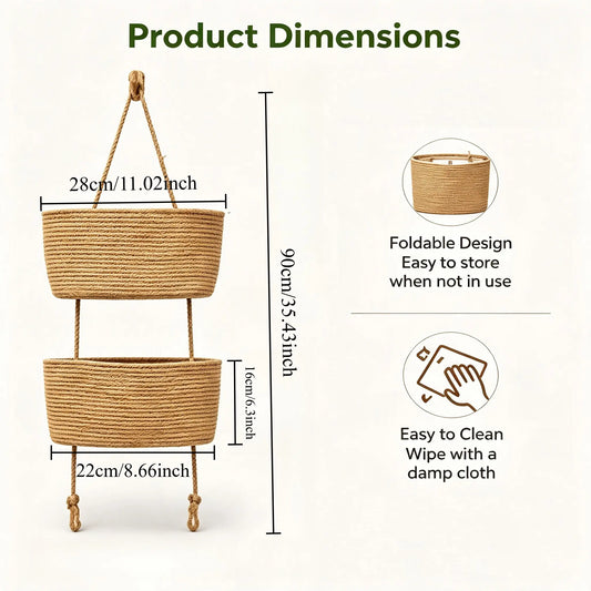 Woven Cotton 3-Tier Over-The-Door Wall-Mountable Storage Basket with Handles - 11in Home Accessory for Beauty & Daily Necessities Room Storage, French Country Organizer