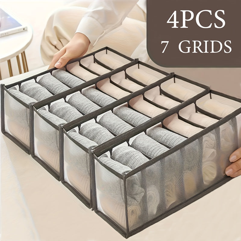4pcs Set of 7-Compartment Folding Storage Boxes - Non-Woven Fabric Drawer Organizer with Mesh Panel, Suitable for Pants, Underwear, Trousers, and Travel Accessories, Space-Saving Wardrobe Storage Box