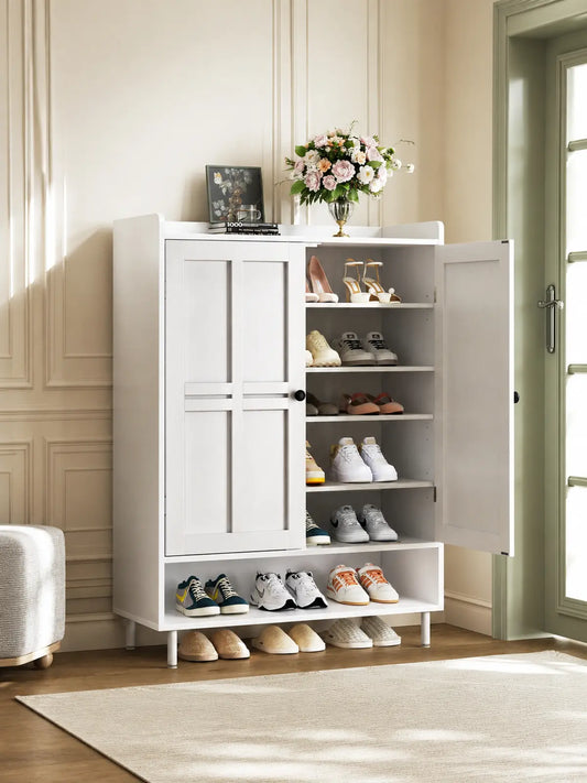 【18-24 Pairs & Adjustable Shelves】ONBRILL 7+1 Tier Farmhouse Shoe Storage Cabinet,  45'' Tall Modern Shoe Cabinet with Metal Legs, Shoes Rack Organizer Cabinet for Entryway, Front Door,Livingroom Bedroom Furniture,Christmas Gift【BackToSchool】