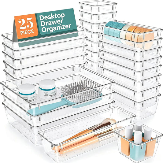 25 PCS Clear Plastic Drawer Organizer, Makeup Organizers and Storage Bins | 4 Sizes Desk Drawer Divider Organizers and Storage Bins for Makeup, Jewelry, Gadgets for Kitchen, Bedroom, Bathroom, Office