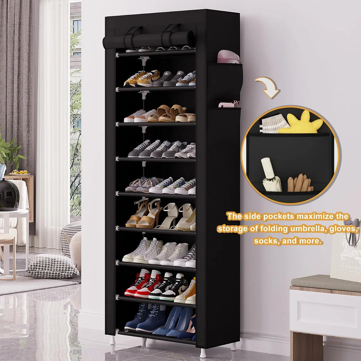 SICANDAENHK 9-Tier Stackable Shoe Rack with Cover - Steel Pipe Rectangle Footwear Storage Solution, Easy Installation Stackable Shoe Organizer, Space-Saving Home Organizer for Entryways, Sneakers, Boots