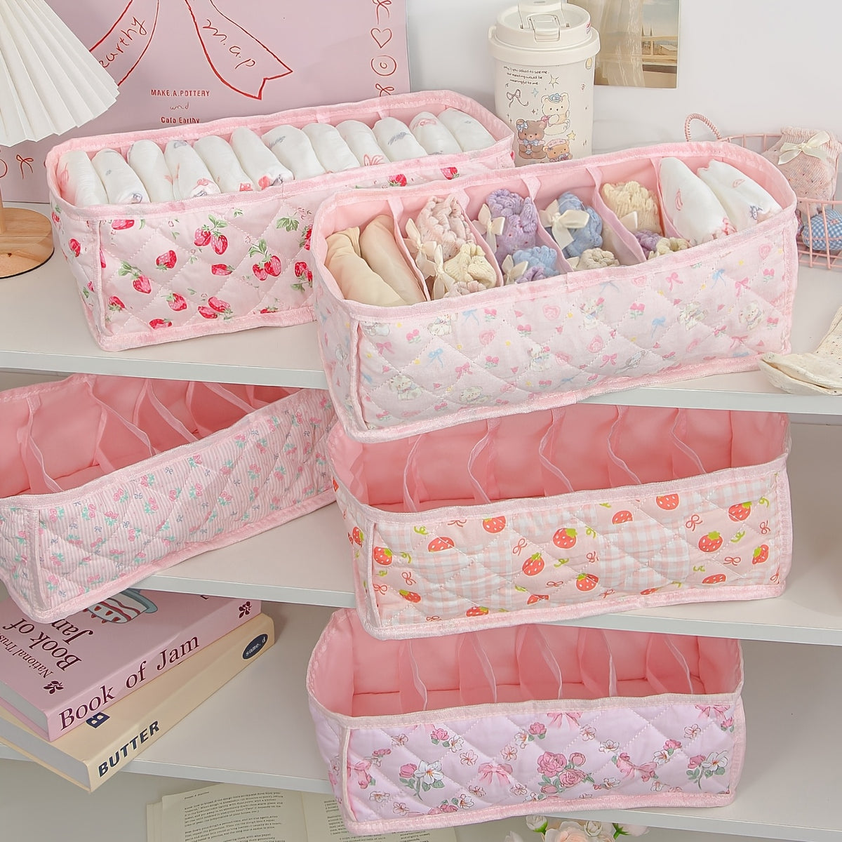 KINGKISS Cute Cartoon Storage Basket with Layered Dividers & Insertable Organizer - Suitable for Underwear, Socks, Clothing,, Snacks, Bra Organizer - Dorm Room Wardrobe Shelf Box, Space-Saving Organizer for And