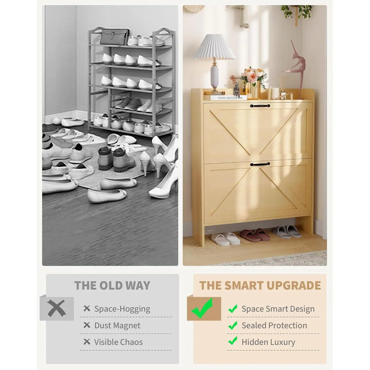 Slim Narrow Shoe Cabinet with 2 Turn over Drawers – Hidden Large Capacity Storage Organizer for Entryway or Hallway – Adjustable Shelf, Dustproof Freestanding Design, Sturdy MDF & Metal Legs, Modern Farmhouse & Industrial Style, Anti-Tip – Black or White