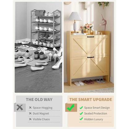 Slim Narrow Shoe Cabinet with 2 Turn over Drawers – Hidden Large Capacity Storage Organizer for Entryway or Hallway – Adjustable Shelf, Dustproof Freestanding Design, Sturdy MDF & Metal Legs, Modern Farmhouse & Industrial Style, Anti-Tip – Black or White