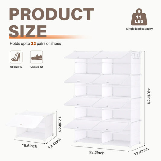 Sweetcrispy S-Shoe Rack Organizer - 6/8-Tier, 24/32-Capacity, Sturdy Metal Frame, Black & White Plastic Panels, Side Hooks, Waterproof, Durable Reinforced, Easy Installation, Storage Organization, House Organizers, Apartment Accessories, for Entryways