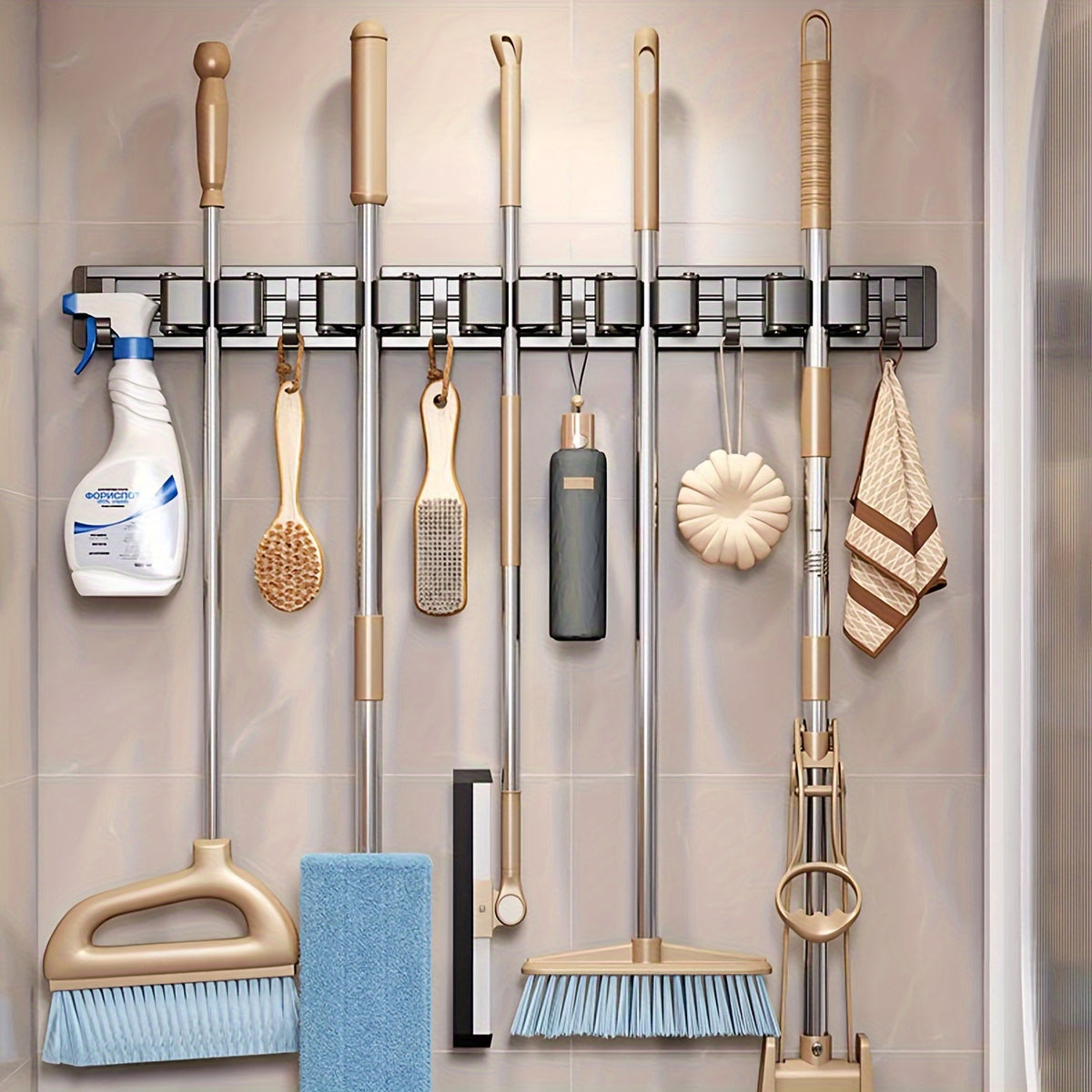 [Heavy-duty Adjustable Metal Mop Holder] Heavy-duty Golden Metal Mop And Broom Holder with Adjustable Hooks - Wall-mounted Organizer for Home, Kitchen, Garden, Laundry Room, Garage - Durable Tool And Equipment Storage Solution, Rack