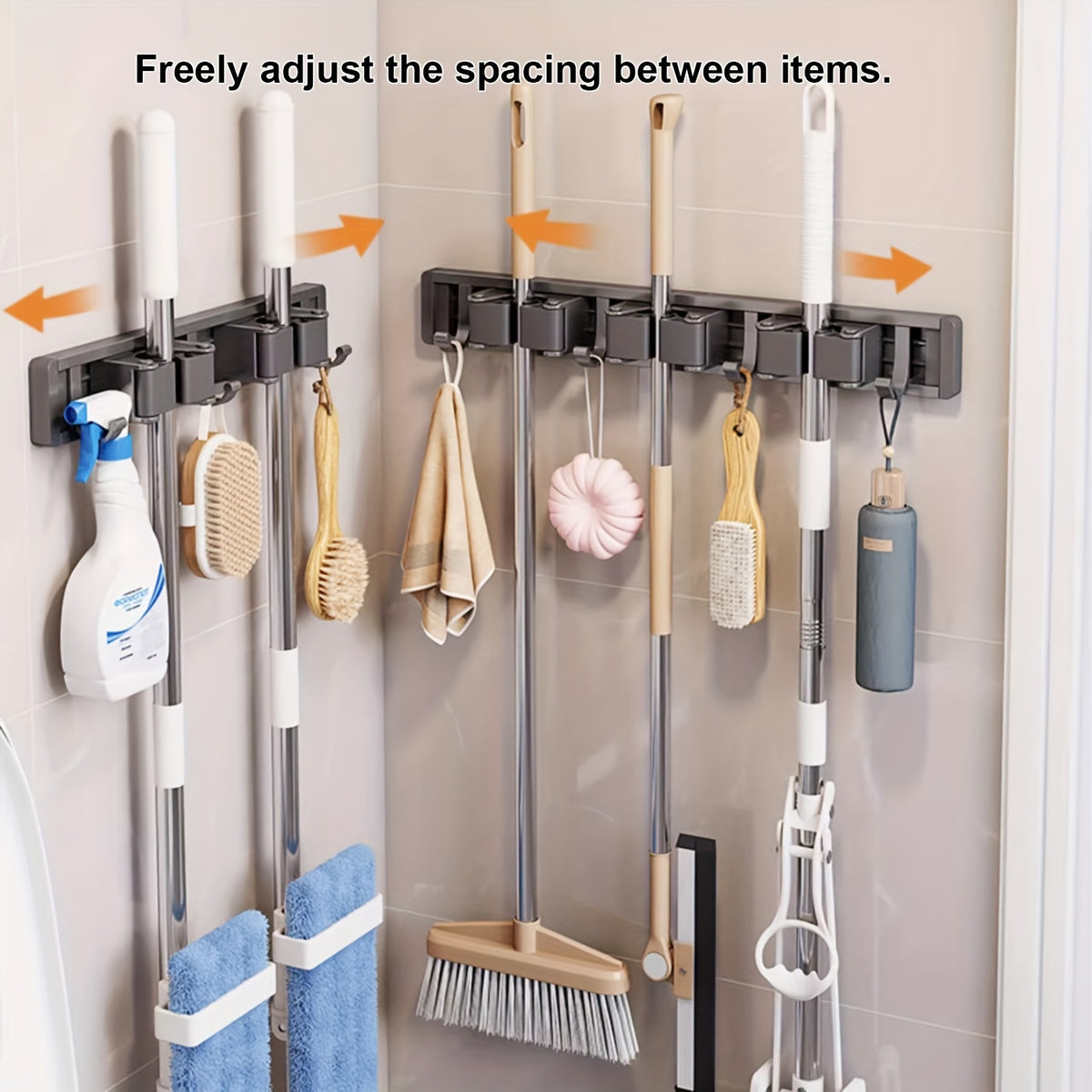 [Heavy-duty Adjustable Metal Mop Holder] Heavy-duty Golden Metal Mop And Broom Holder with Adjustable Hooks - Wall-mounted Organizer for Home, Kitchen, Garden, Laundry Room, Garage - Durable Tool And Equipment Storage Solution, Rack