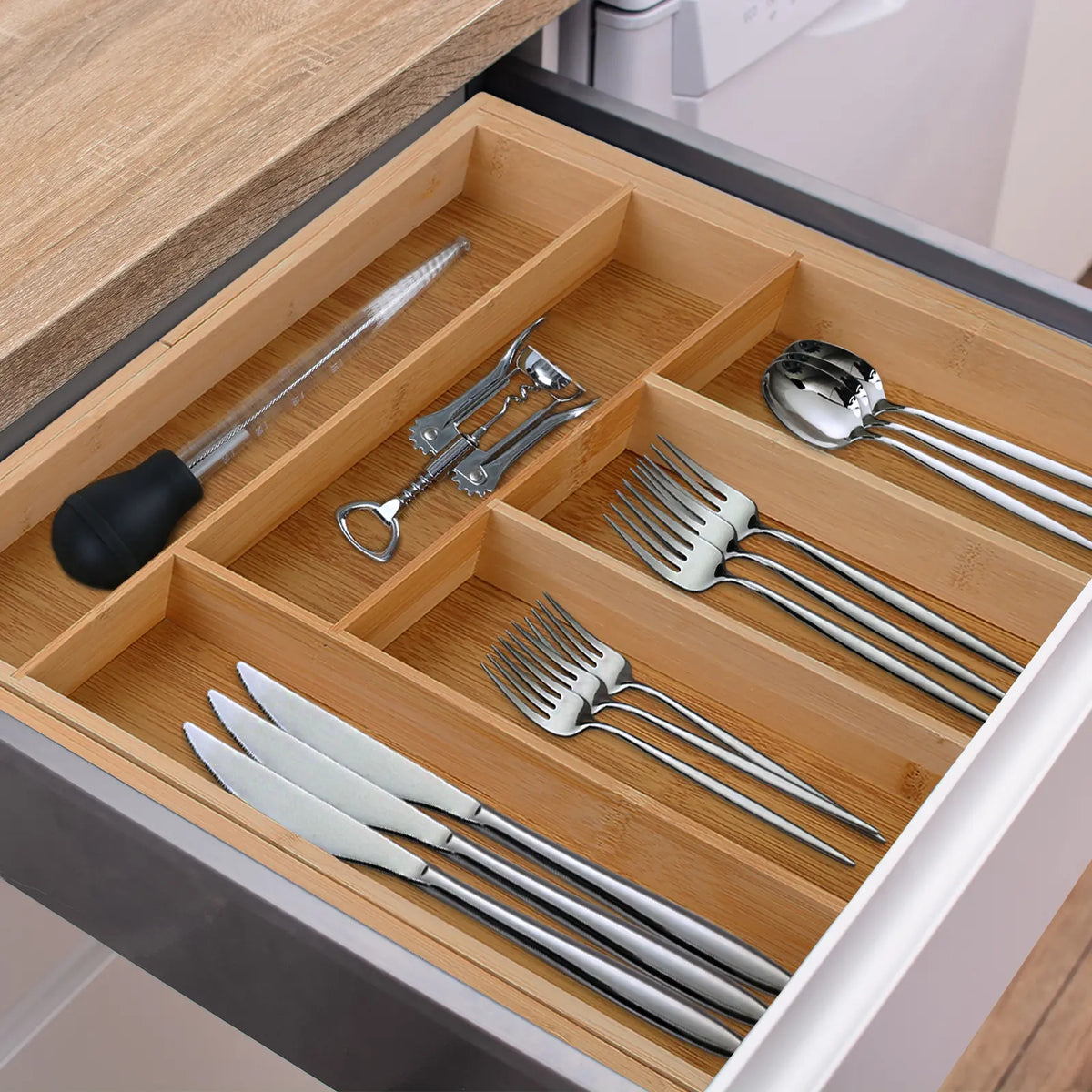 Bamboo Expandable Drawer Organizer with Dividers - Natural Finish Cutlery Tray, Space-Saving Adjustable Home Organizer for Silverware Storage, Elegant Warm Bamboo Kitchen Accessory