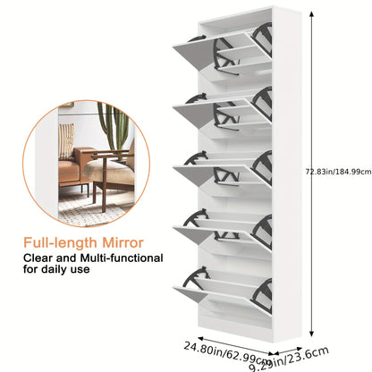 Organizedlife Large Capacity Shoe Cabinet with Full Length Mirror, 5 Flip Drawer Shoe Storage Cabinet, Wooden 2-Tier Shoe Rack Organizer Holds 13-30 Pairs, Slim Tipping Bucket Shoe Cabinet for Entryway, Hallway, Foyer