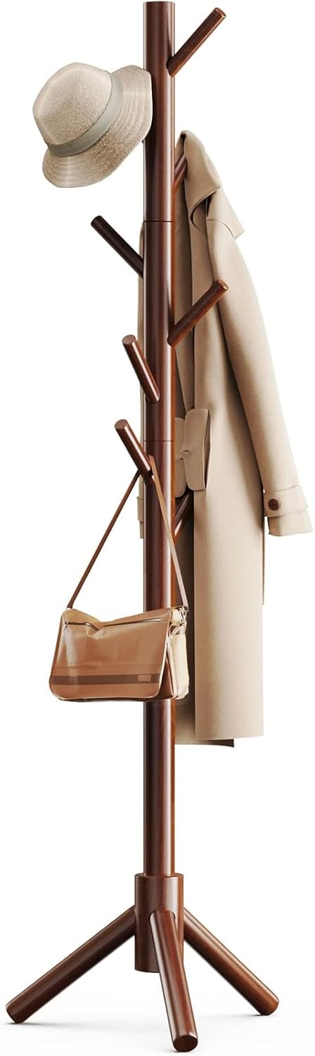 Pipishell Solid Wooden Coat Rack Freestanding with 8 Hooks, Brown