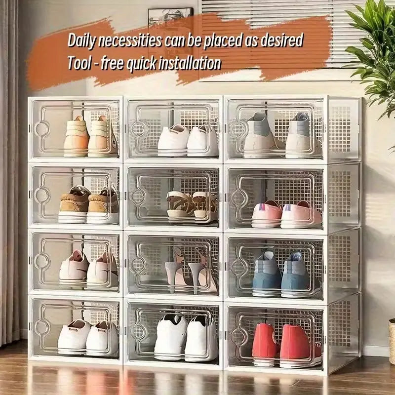 Stackable Shoe Storage Container, Transparent Hard Plastic Box, DIY Easy Assembly, Door Frame, Space Saving, Foldable Multi-Functional, Clear Shoe Boxes, Shoes Storage